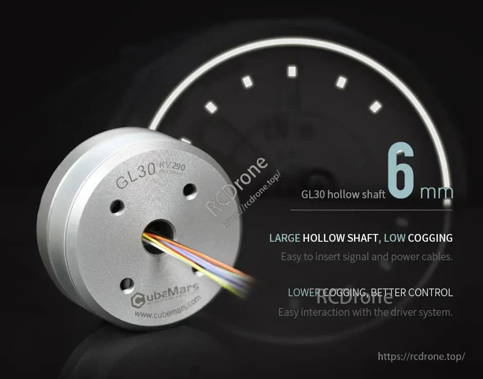 CubeMars GL30 KV290 Brushless Gimbal Motor, The GL30 KV290 motor features a 6mm hollow shaft, low cogging for easy cable insertion and enhanced driver control.