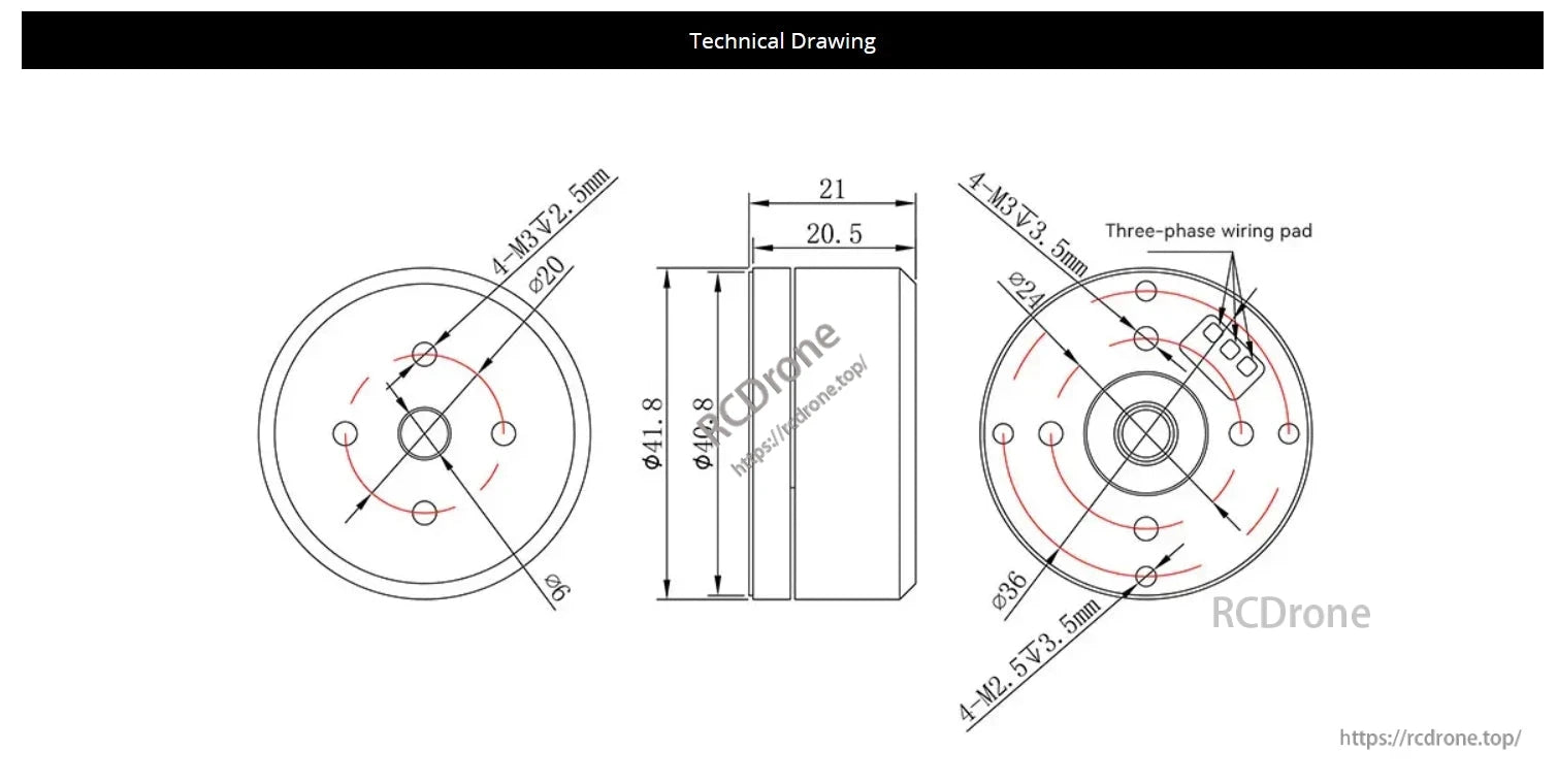 CubeMars GL35 KV100 Gimbal Motor, GL35 KV100 Gimbal Motor dimensions and three-phase wiring pad details.