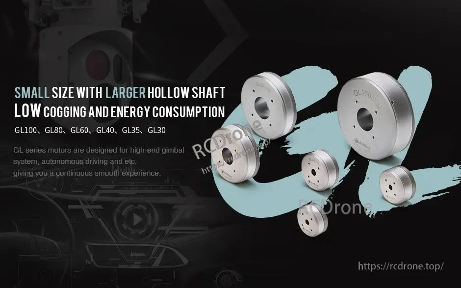 The CubeMars GL35 KV100 gimbal motor features a compact design, large hollow shaft, low cogging, and energy efficiency, ideal for high-end gimbals and autonomous driving applications.