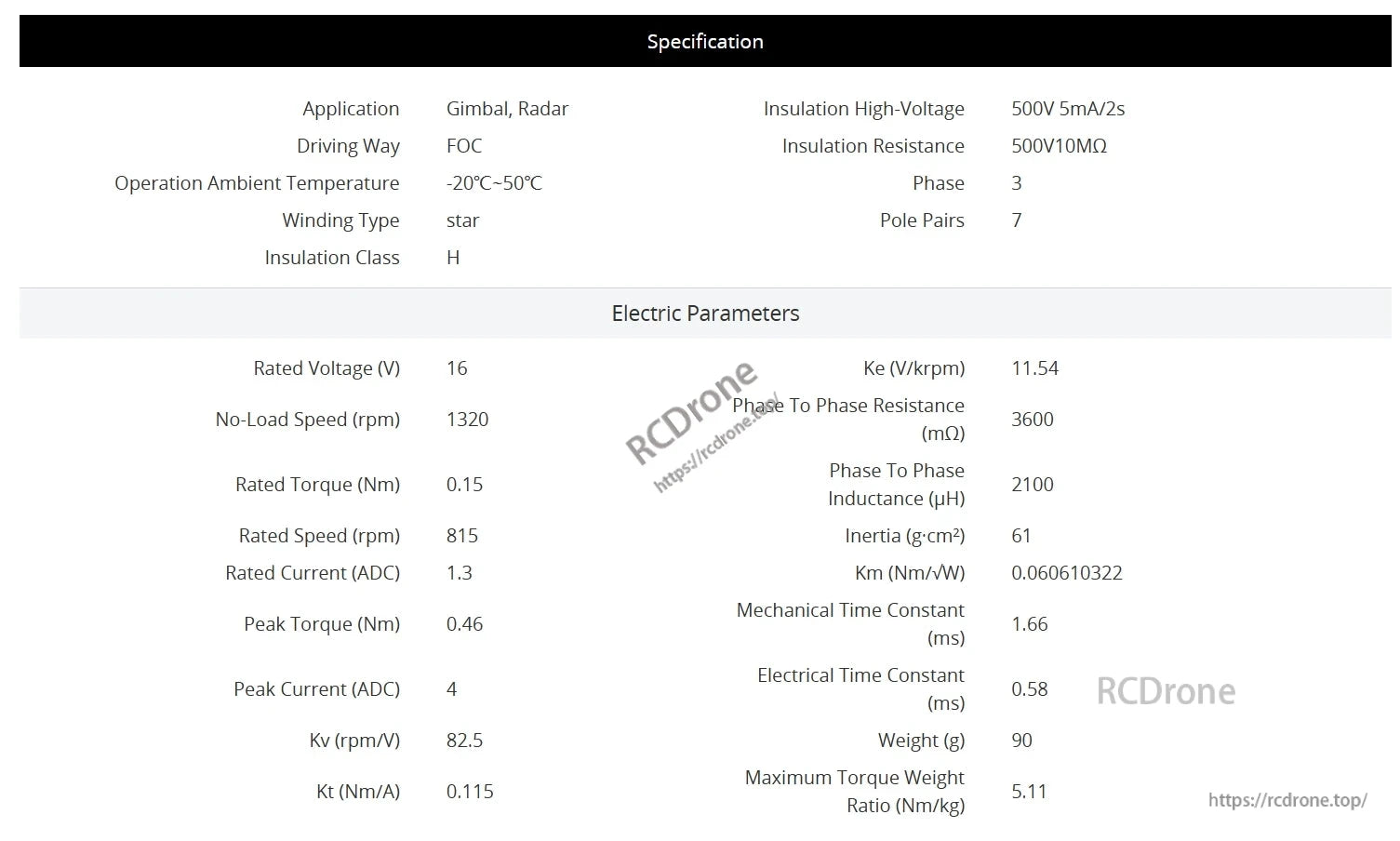 CubeMars GL35 KV100 gimbal motor: 16V, 1.3A, 815 RPM, 0.15 Nm torque, 3-phase, 7 pole pairs, operates -20°C to 50°C, 90g, 5.11 Nm/kg torque-to-weight ratio, FOC, star winding, H-class insulation.