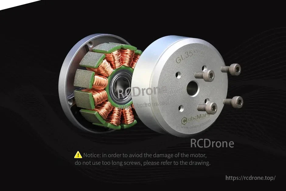 CubeMars GL35 KV100 Gimbal Motor with warning about screw length.