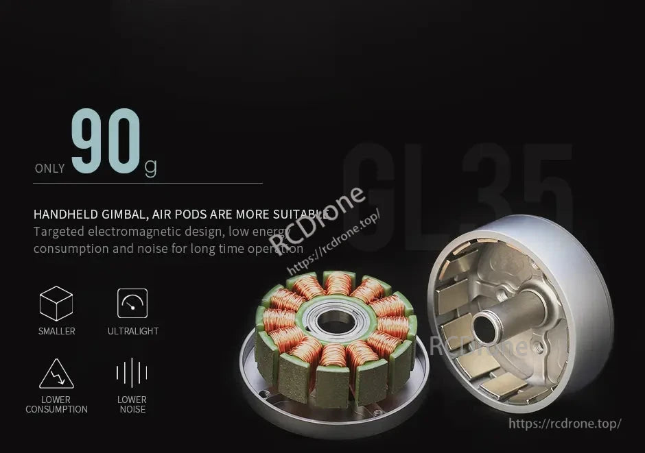CubeMars GL35 KV100 Gimbal Motor: lightweight, compact, low-power, quiet, efficient electromagnetic design for extended use.