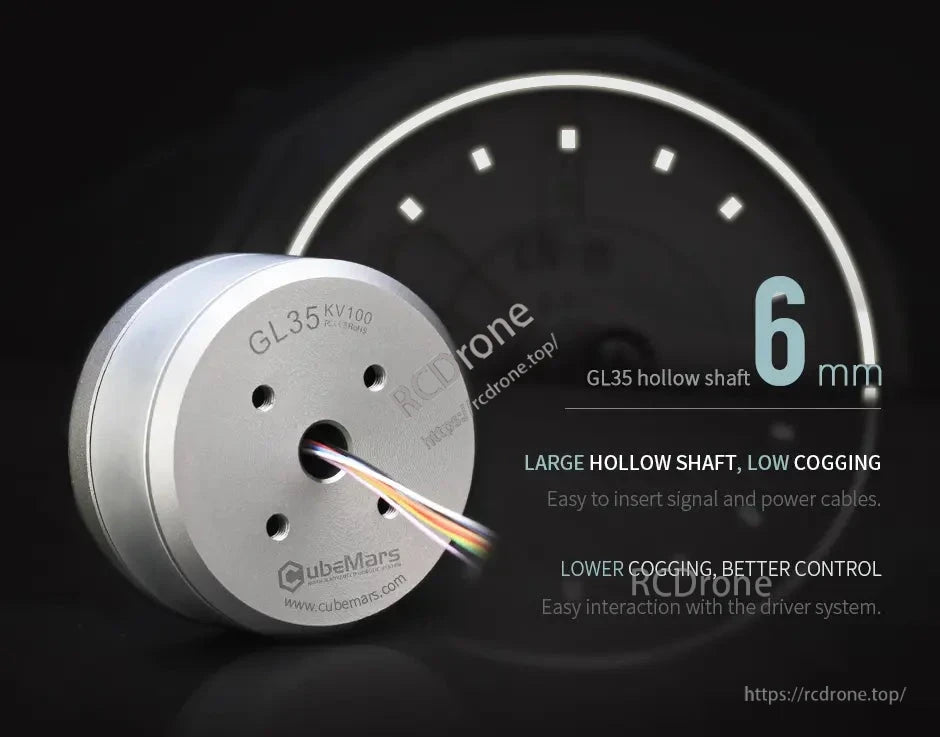 The CubeMars GL35 KV100 gimbal motor features a 6mm hollow shaft, low cogging, easy cable insertion, and smooth driver interaction.