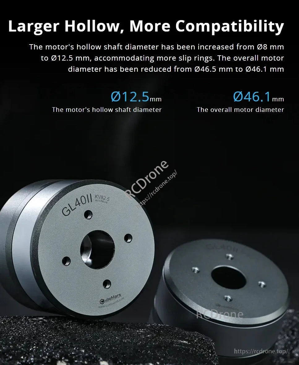 The CubeMars GL40 II KV82.5 gimbal motor features a 12.5 mm hollow shaft and compact 46.1 mm design for improved compatibility.