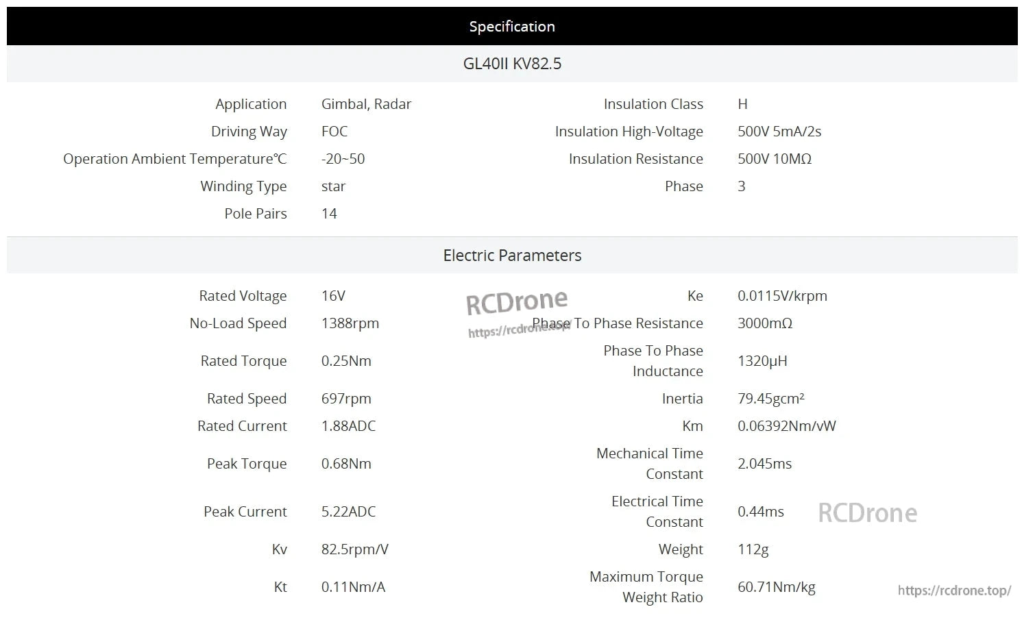 CubeMars GL40 II KV82.5 gimbal motor: 16V, 1388rpm, 0.25Nm torque, 1.88A current, 82.5rpm/V Kv, 0.11Nm/A Kt, 112g weight, 60.71Nm/kg torque-to-weight ratio.