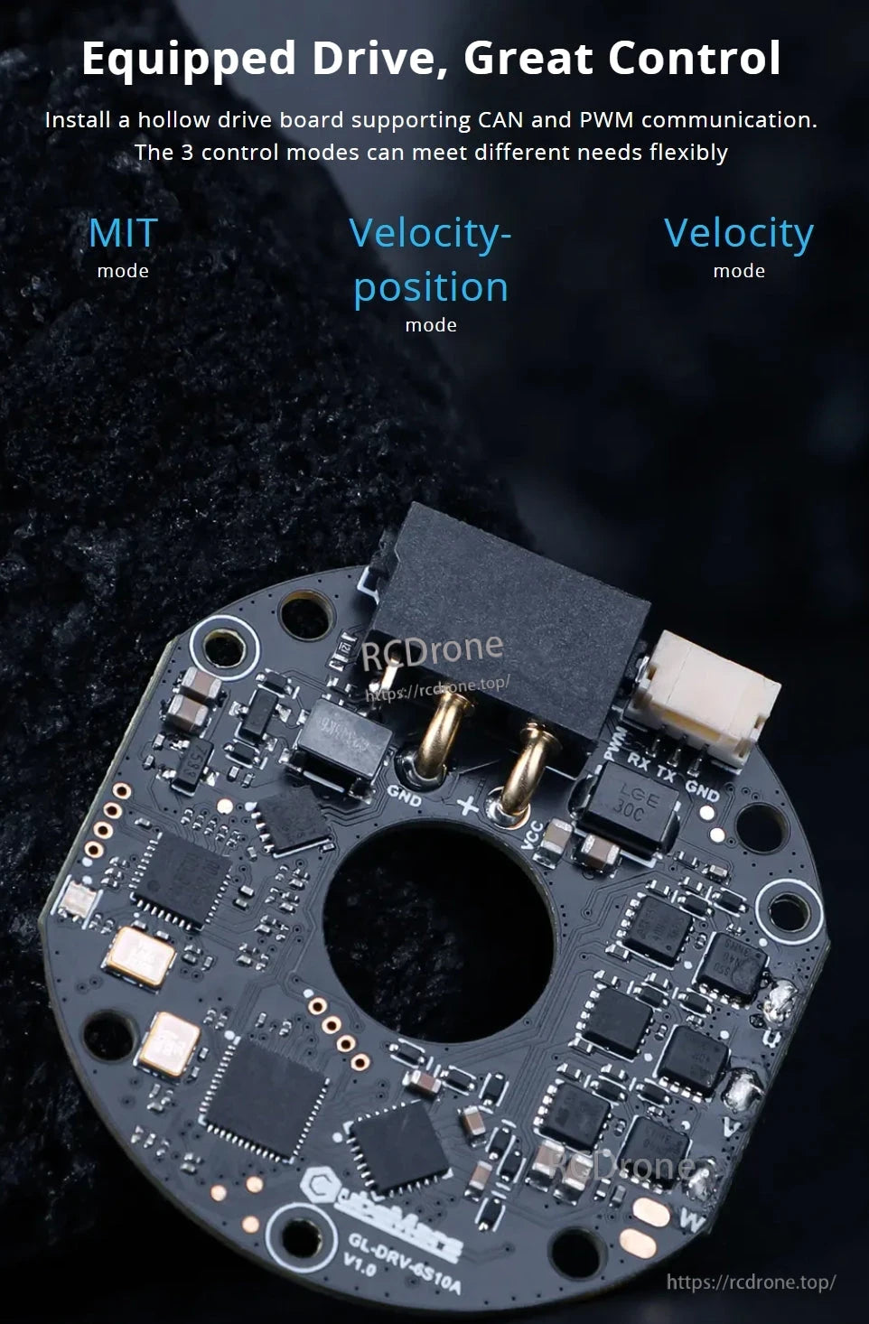 CubeMars GL40 II KV82.5 Gimbal Motor, The GL40 II KV82.5 gimbal motor features a hollow drive board, supports CAN and PWM, and offers MIT, velocity-position, and velocity modes for versatile control.