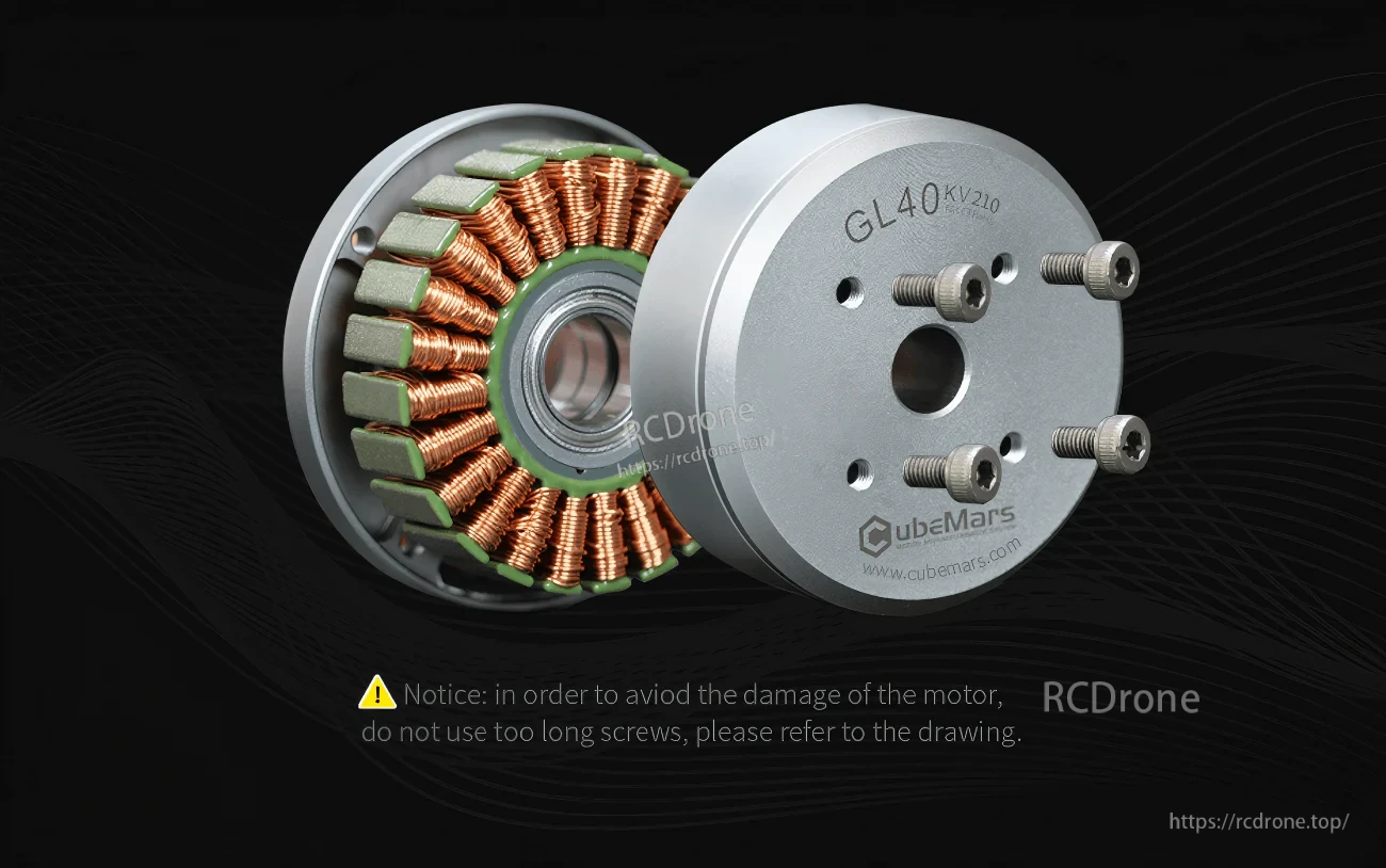 CubeMars GL40 KV210 Motor close-up showing hollow shaft faceplate, mounting holes, and screw-length installation warning
