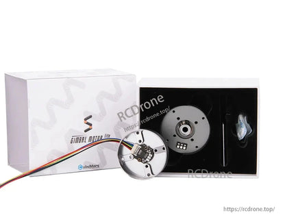 CubeMars GL40 KV70 Brushless Gimbal Motor, CubeMars GL40 KV70 brushless gimbal motor: 16V, 0.25Nm torque, IP45 waterproof, 8mm hollow shaft, includes packaging and accessories.