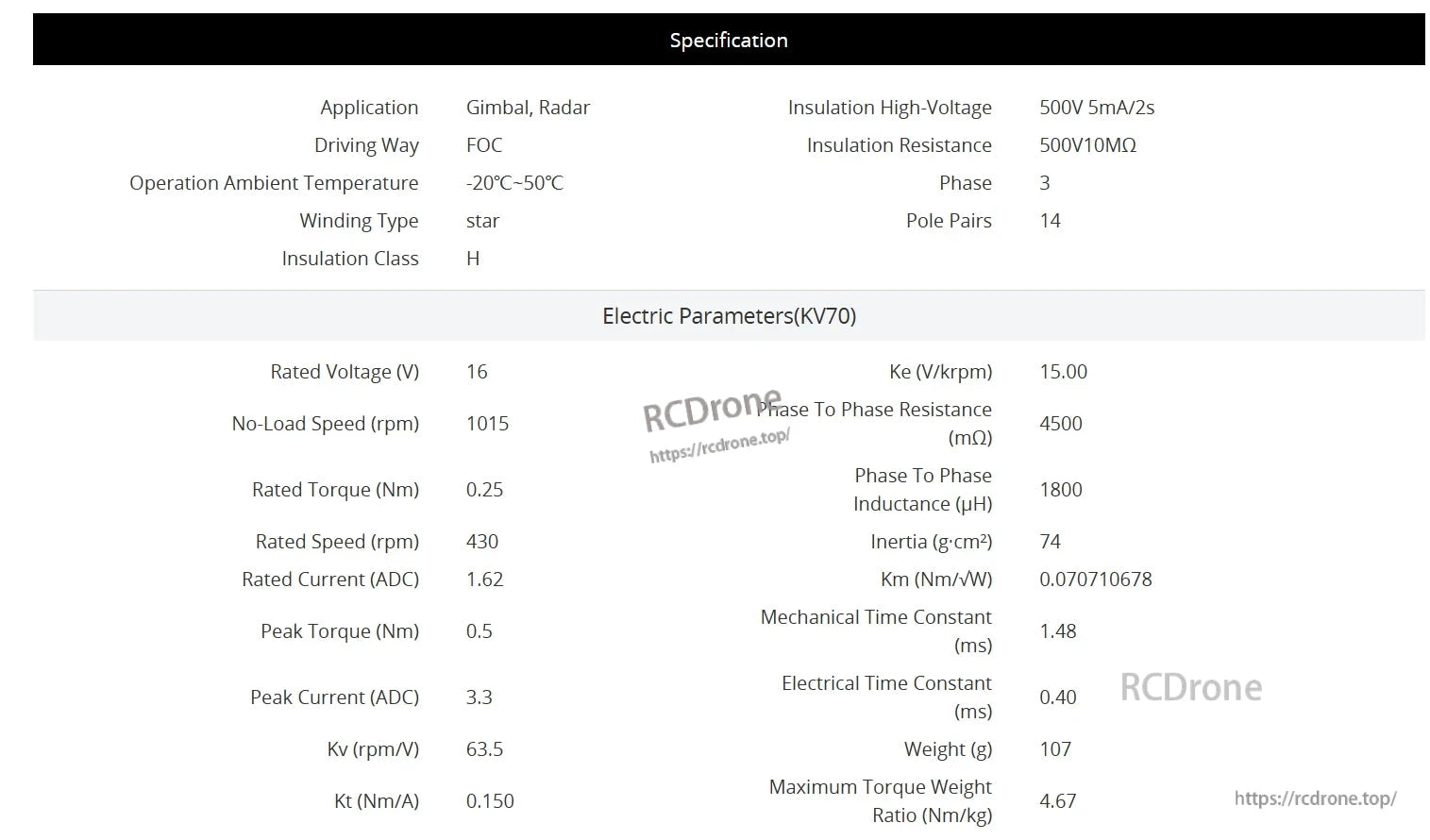 CubeMars GL40 KV70 brushless gimbal motor: 16V, 1015 RPM no-load, 0.25 Nm torque, 1.62 ADC current, 430 RPM rated speed, 3-phase, 14 pole pairs, -20°C to 50°C, 107g, 4.67 Nm/kg max torque/weight.