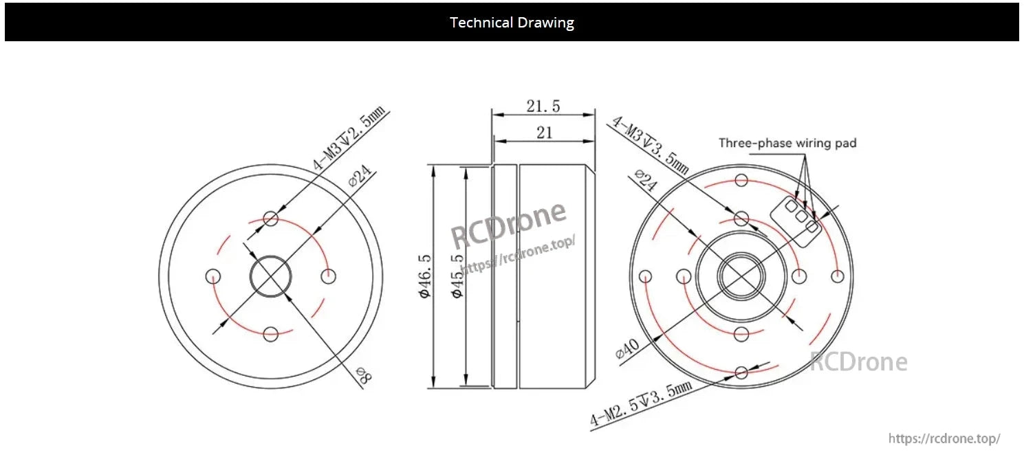 CubeMars GL40 KV70 Brushless Gimbal Motor: Ø24mm, 46.5mm long, 4-M3 screws, three-phase wiring pad.