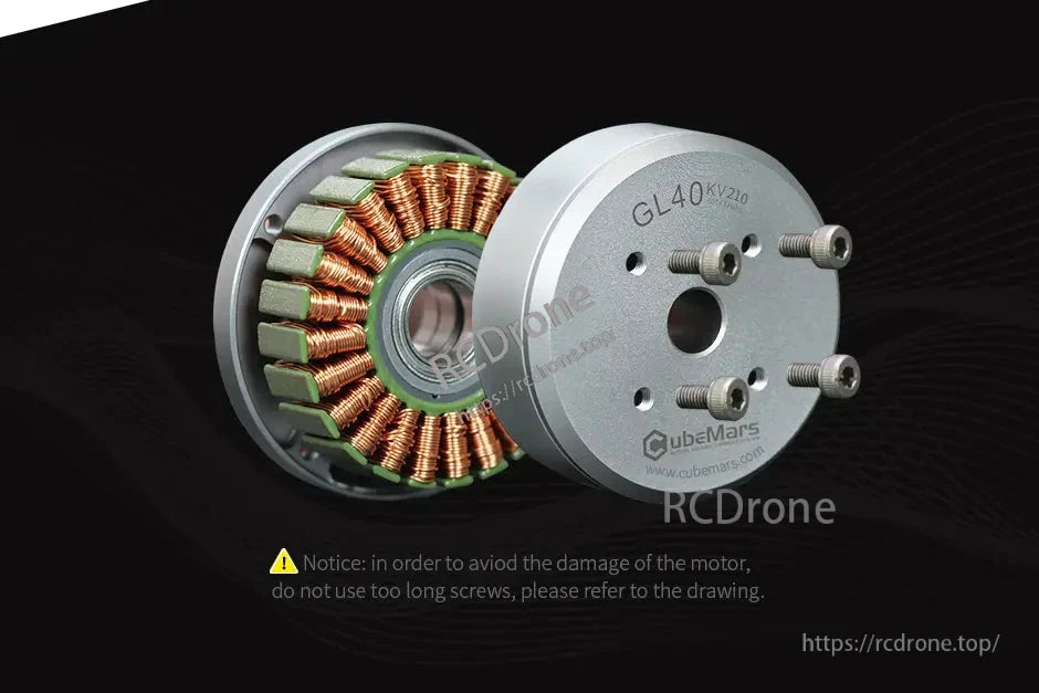 CubeMars GL40 KV70 Brushless Gimbal Motor, CubeMars GL40 KV210 brushless gimbal motor includes stator and rotor; avoid using excessively long screws.