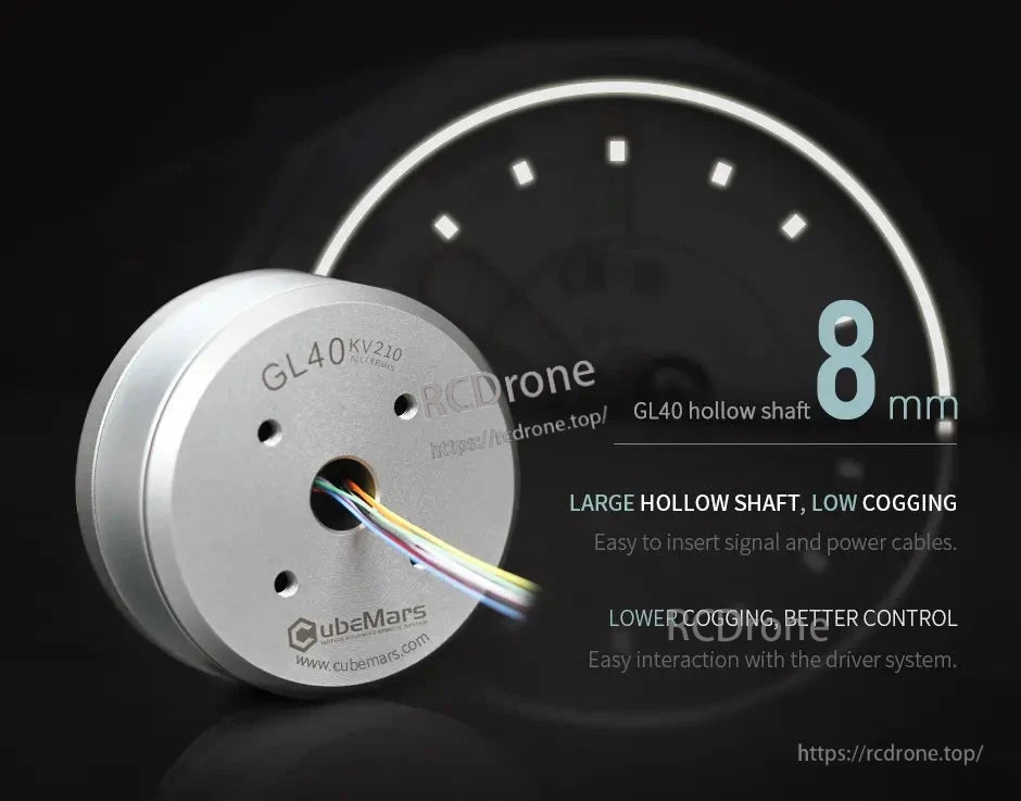 CubeMars GL40 KV70 Brushless Gimbal Motor, The GL40 KV210 motor features an 8mm hollow shaft, low cogging, easy cable insertion, and enhanced control for smooth integration.
