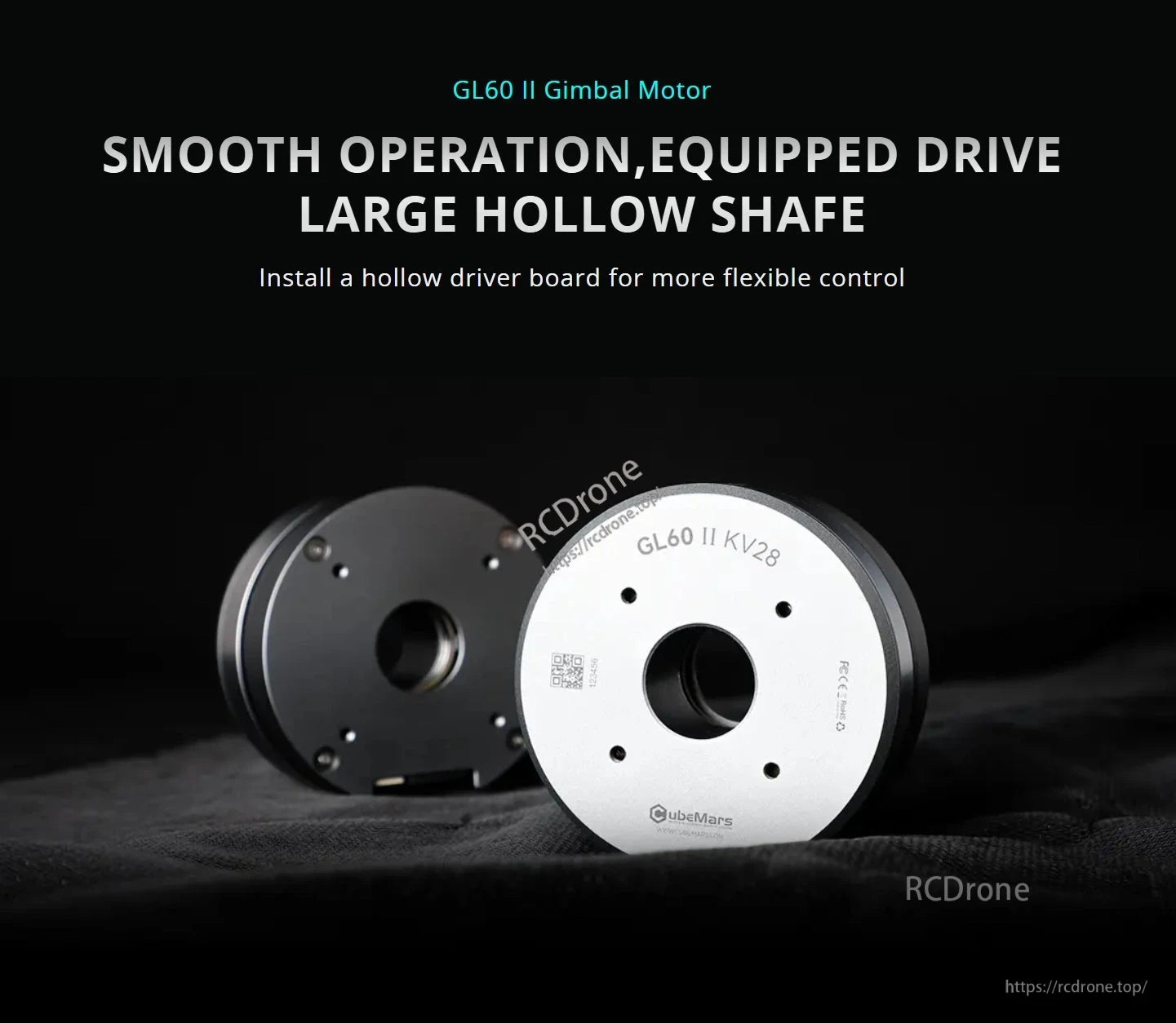 The CubeMars GL60 II KV28 Gimbal Motor provides smooth operation, equipped drive, and a large hollow shaft for flexible control.