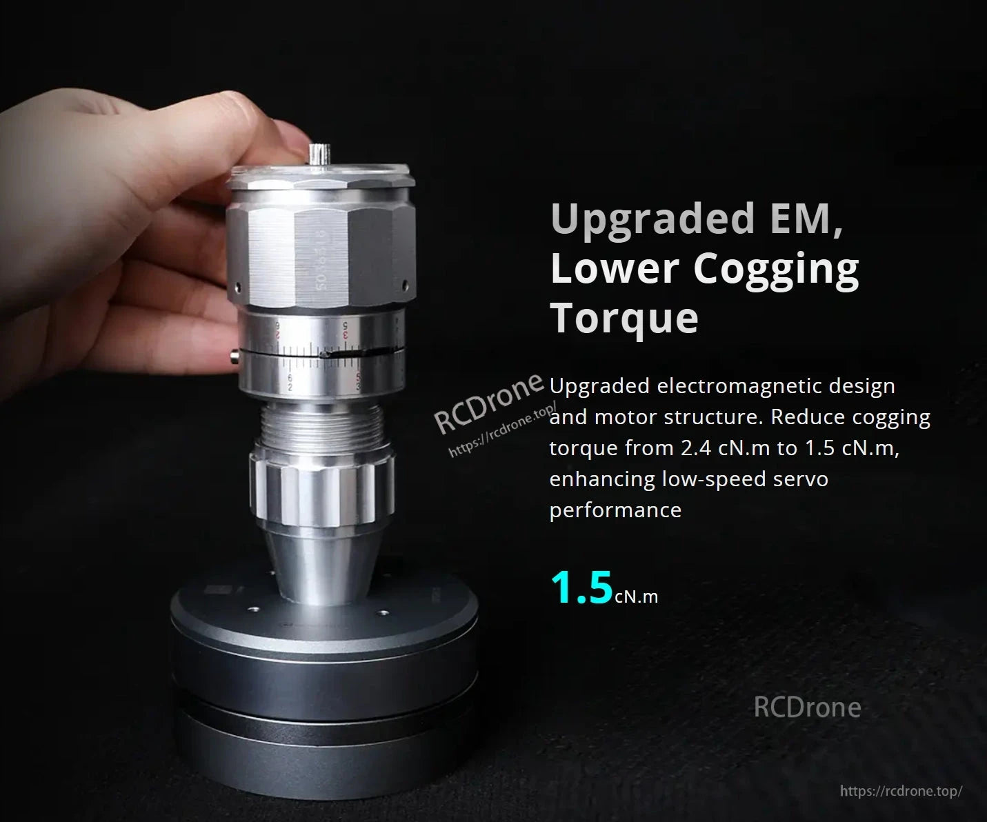 CubeMars GL60 II KV28 Gimbal Motor, Upgraded electromagnetic design lowers cogging torque from 2.4 to 1.5 cN.m, improving low-speed servo performance.