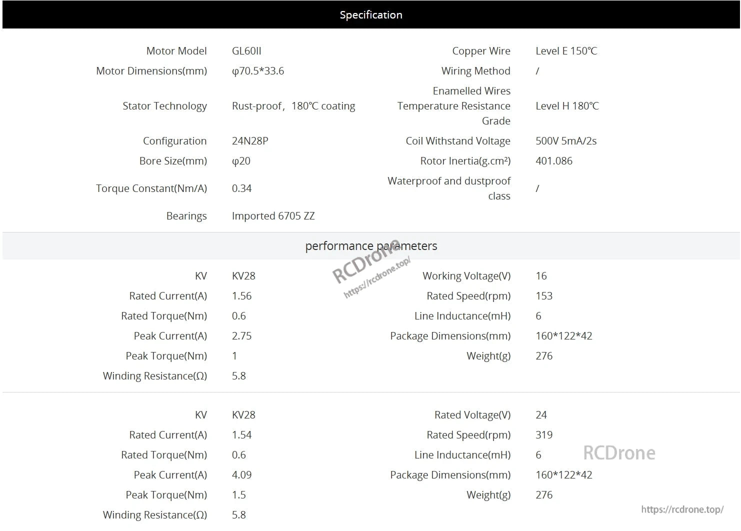 CubeMars GL60 II KV28 Gimbal Motor: Compact, durable, high-torque motor with 0.6 Nm torque, 1.56 A current, 16V voltage, waterproof/dustproof, 276g weight.