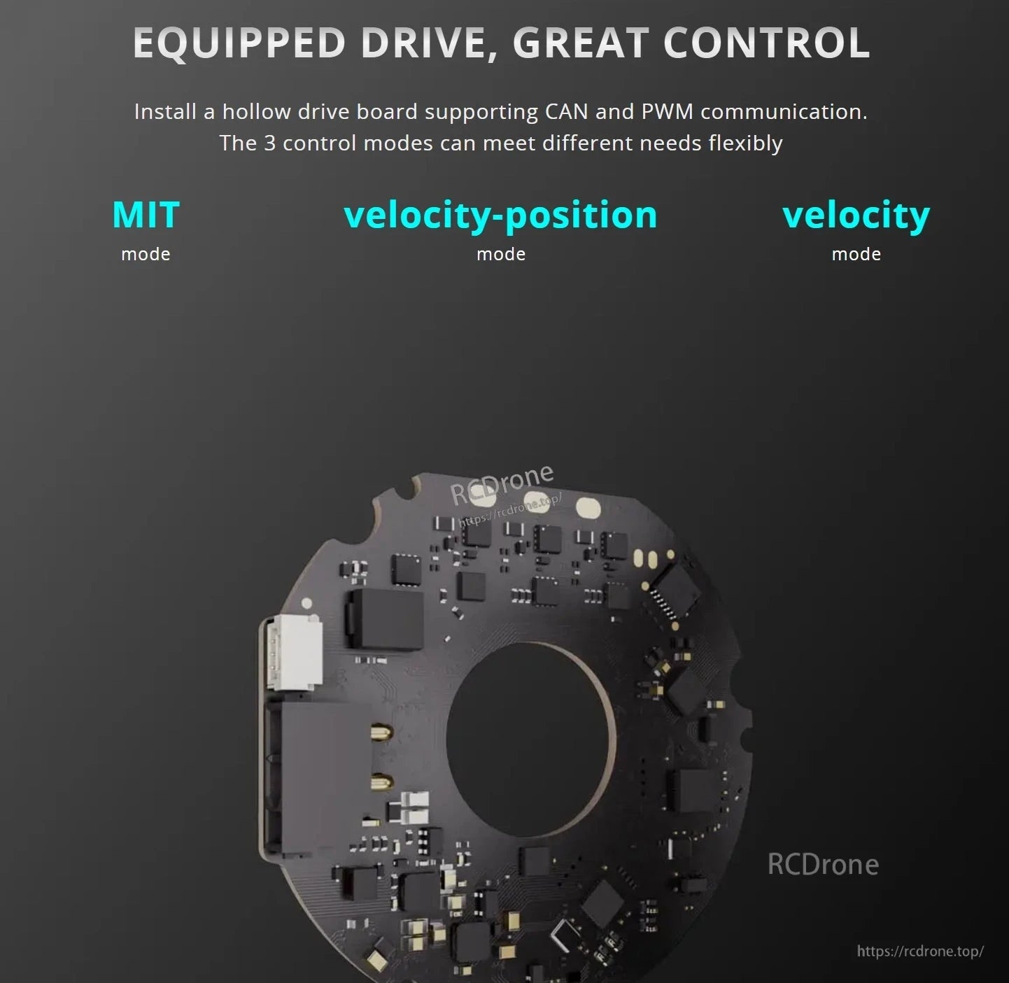 CubeMars GL60 II KV28 Gimbal Motor features excellent control with drive support, offers CAN/PWM communication, and provides MIT, velocity, and position modes.