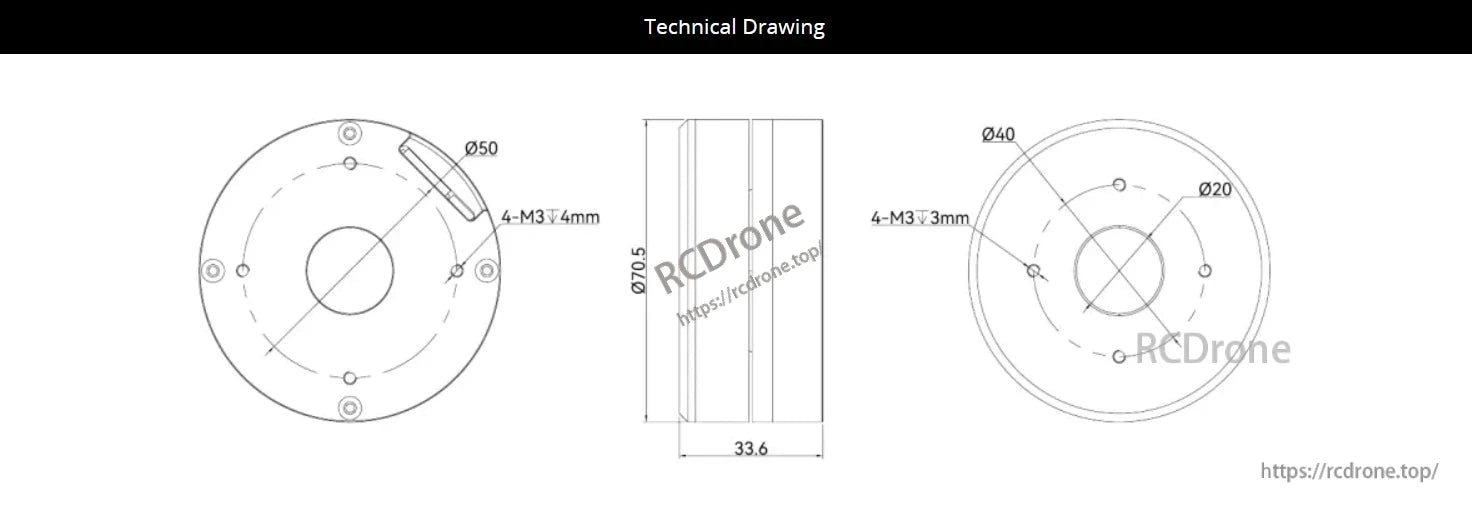 CubeMars GL60 II KV28 Gimbal Motor: Ø70.5 x 33.6 mm, with Ø40 and Ø20 holes, 4-M3 screws at 4mm and 3mm depths.