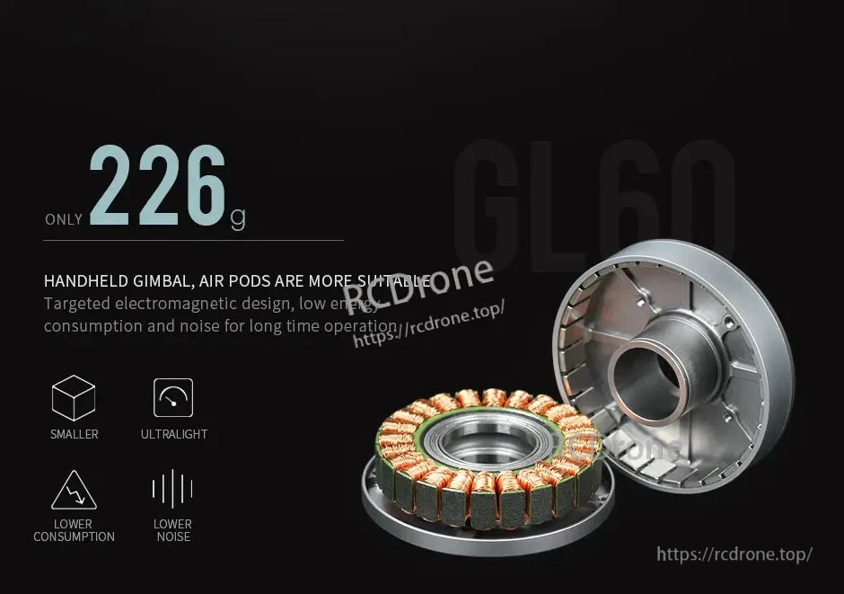 CubeMars GL60 KV25 brushless gimbal motor: compact, lightweight (226g), low power, quiet, ideal for handheld gimbals and air pods with optimized electromagnetic design.