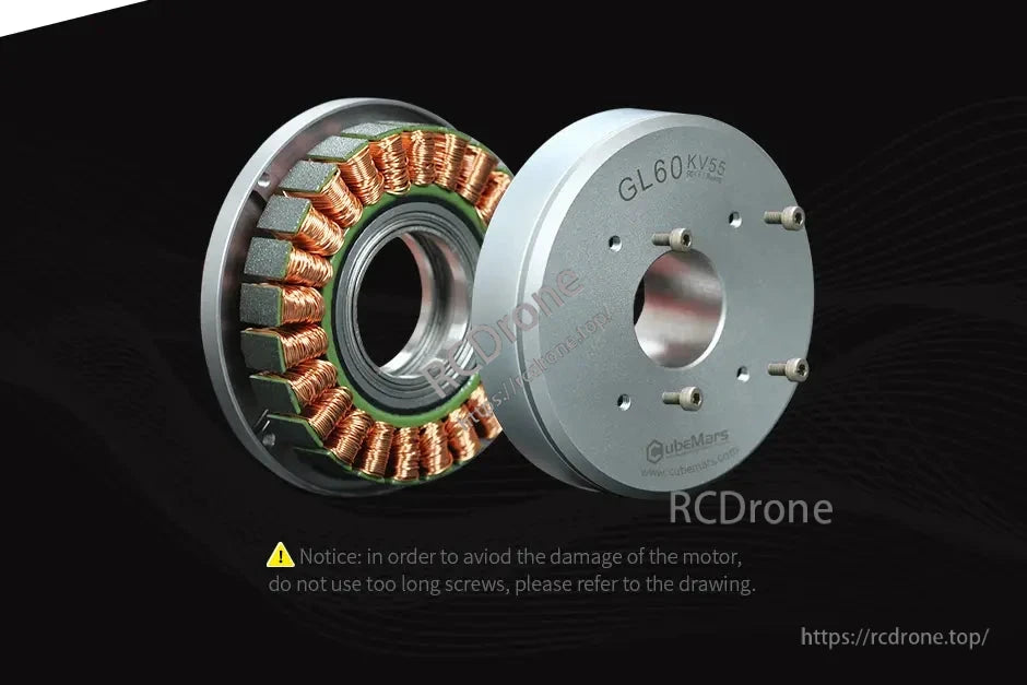 CubeMars GL60 KV25 Brushless Gimbal Motor, CubeMars GL60 KV55 motor; avoid damage by not using overly long screws.