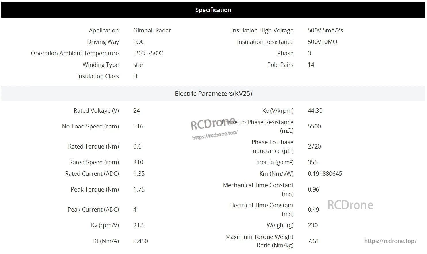 CubeMars GL60 KV25 brushless gimbal motor: 24V, 516 RPM, 0.6 Nm torque, 1.35 A current, 230g weight, suitable for gimbals and radar with H-class insulation.