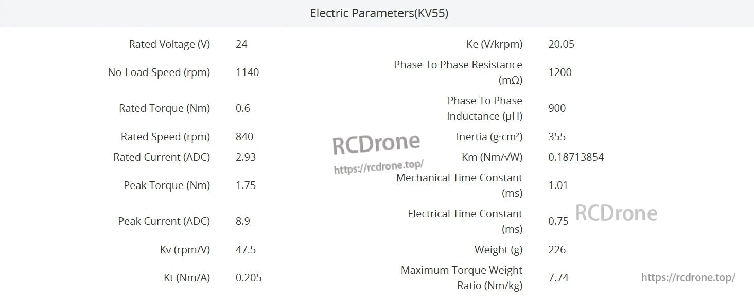 CubeMars GL60 KV25 Brushless Gimbal Motor, CubeMars GL60 KV25 motor: 24V, 1140 rpm no-load, 840 rpm rated, 0.6 Nm torque, 226g weight, 7.74 Nm/kg torque-to-weight ratio.