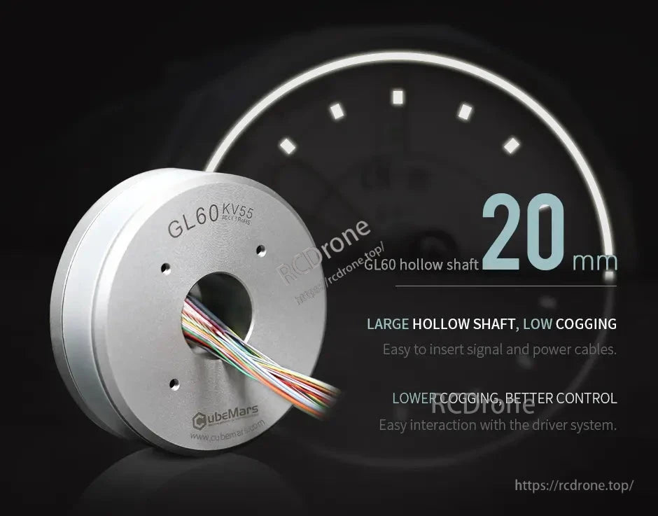 CubeMars GL60 KV25 Brushless Gimbal Motor, CubeMars GL60 KV55 motor features a 20mm hollow shaft, low cogging, easy cable insertion, and improved control with driver system.