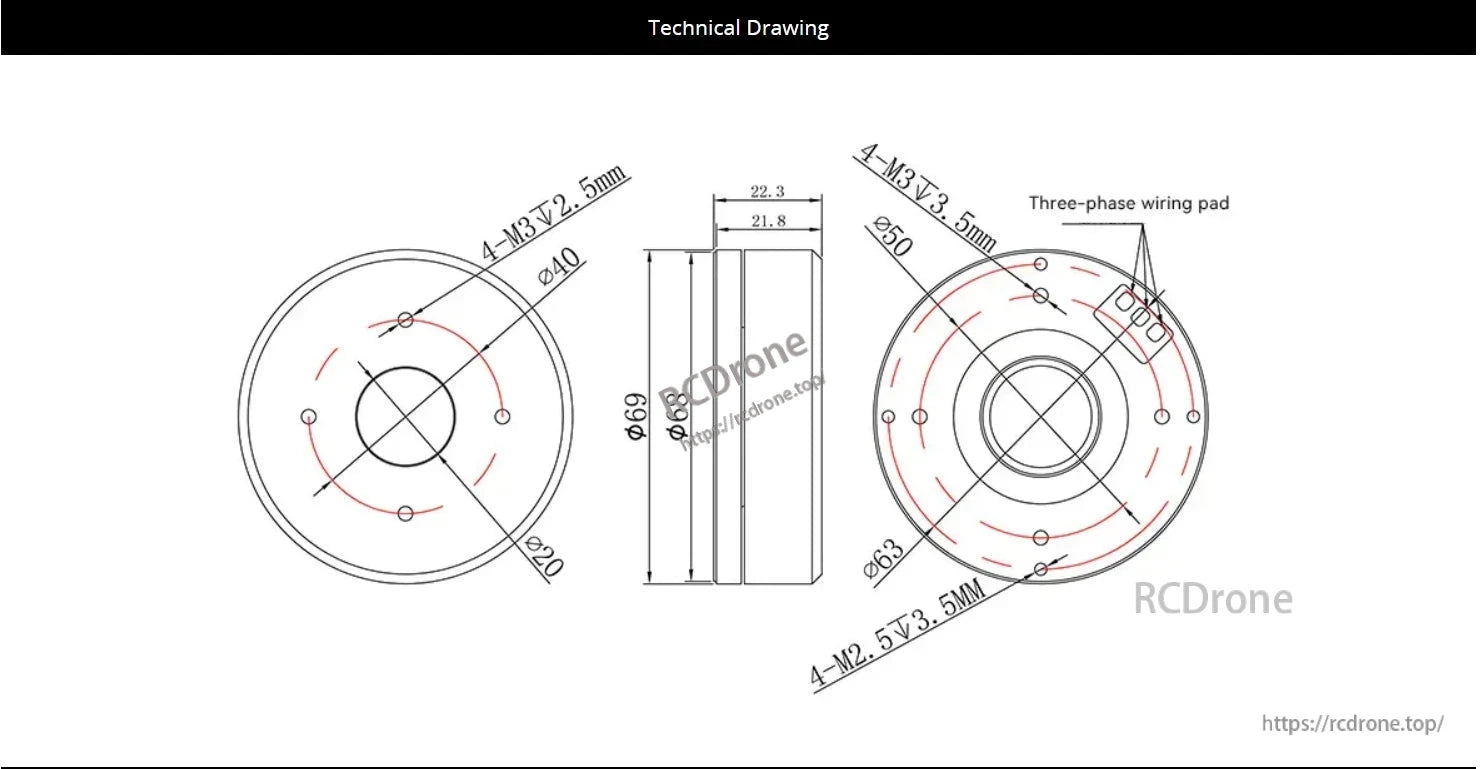 CubeMars GL60 KV25 Brushless Gimbal Motor, GL60 KV25 brushless gimbal motor dimensions and wiring pad details.
