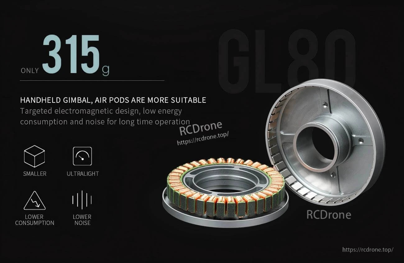 GL80 hollow-shaft motor 315 g lightweight design with internal stator and rotor components for gimbal applications