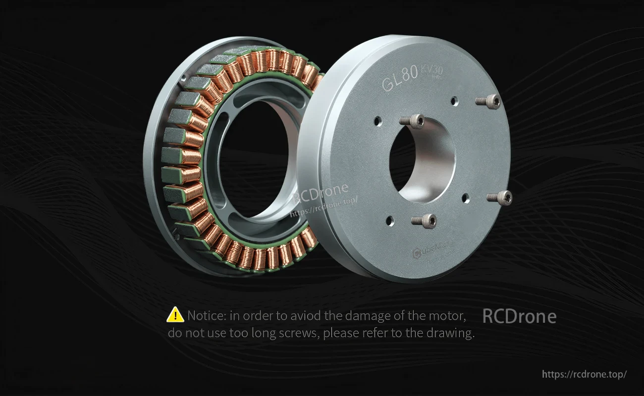 Exploded view of CubeMars GL80 KV30 hollow-shaft motor showing winding coils, mounting face, and screw length warning text