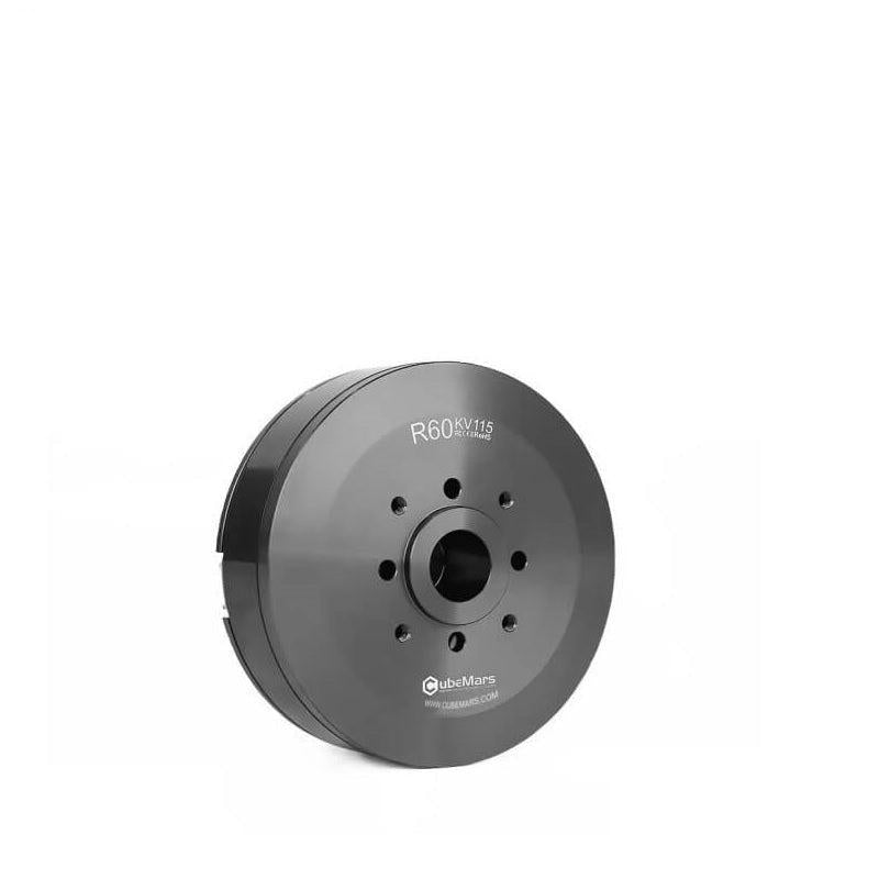 Angled view of CubeMars R60 KV115 motor showing housing depth and front mounting pattern