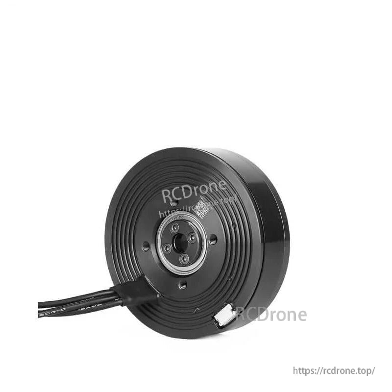 Rear view of motor showing back plate, attached phase wires, and small sensor/connector port