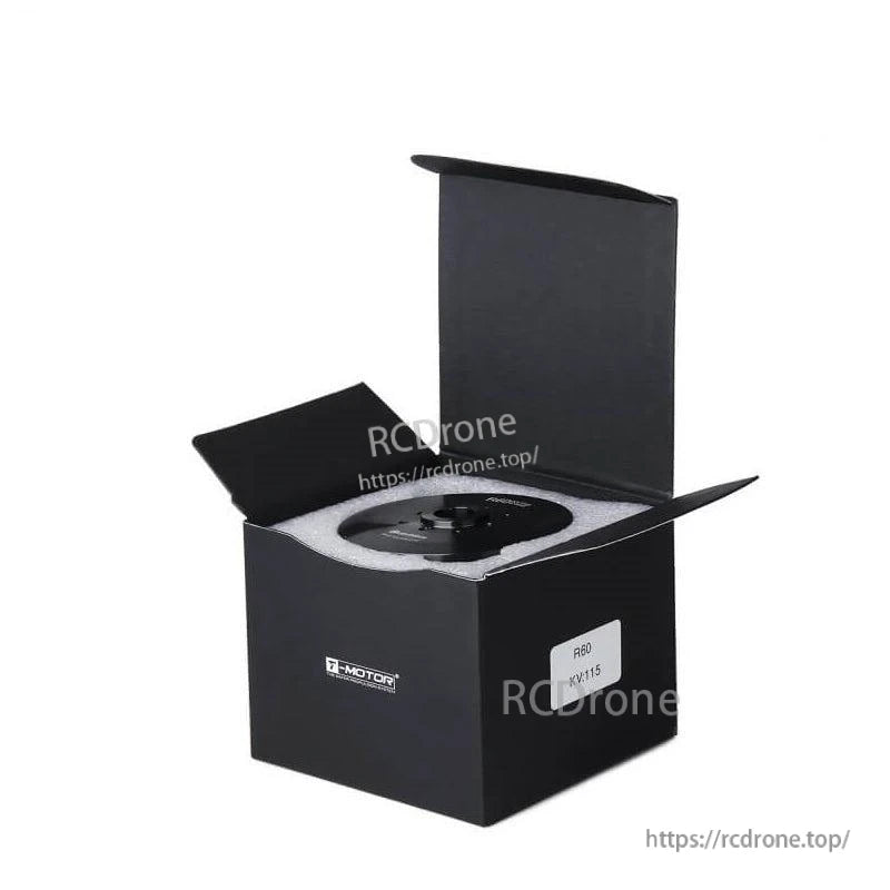 CubeMars R60 KV115 motor in protective foam inside black retail box, lid open