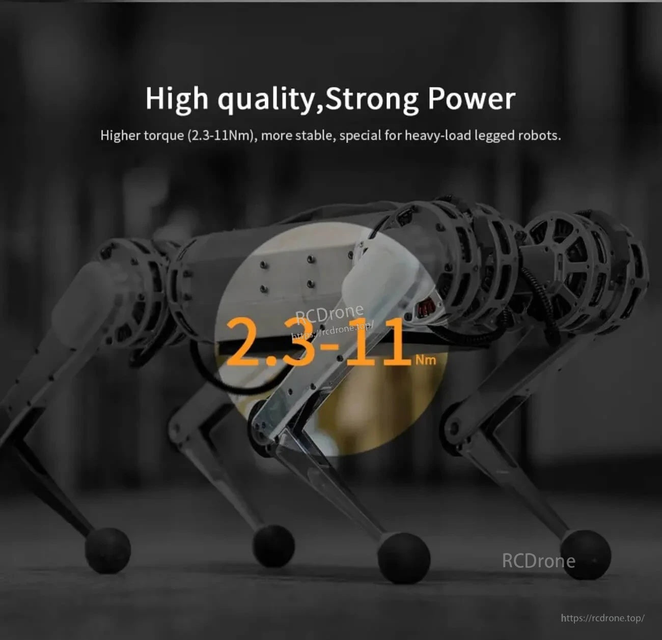 Legged robot application graphic highlighting higher torque range; R60 KV115 motor peak torque is specified at 2.3 Nm