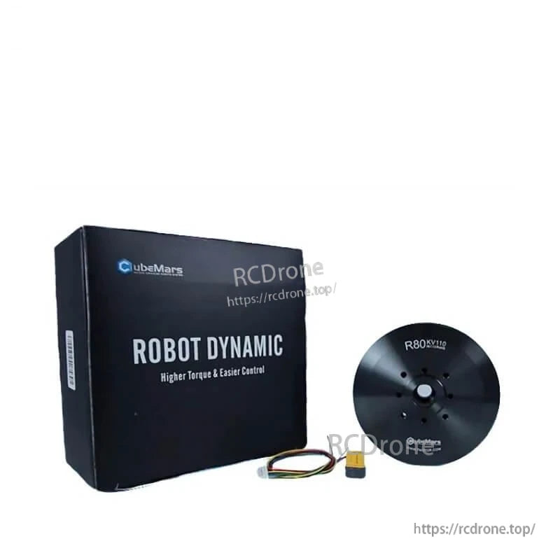 CubeMars Robot Dynamic retail box with R80 KV110 motor and sensor cable shown as package contents
