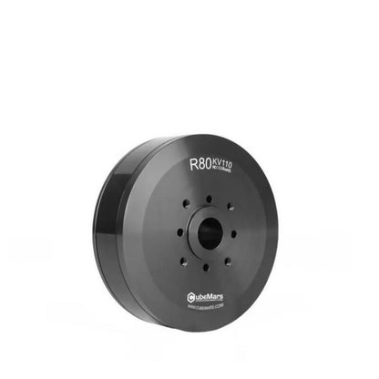 CubeMars R80 KV110 motor angled view showing slim round housing and front mounting pattern