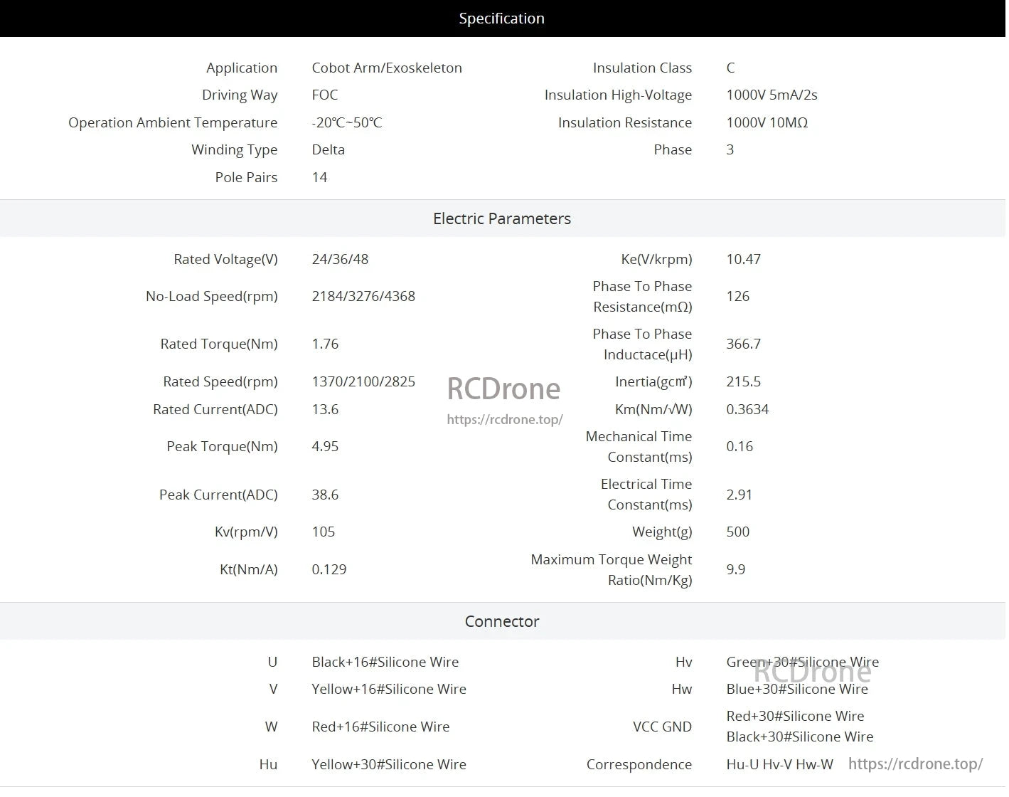 CubeMars RI100 Torque Motor: High-performance motor with 24/36/48V voltage, 1.76Nm torque, 1370-2825rpm speed, 13.6A current, 38.6A peak, 9.9Nm/Kg max torque weight ratio, operates from -20°C to 50°C.