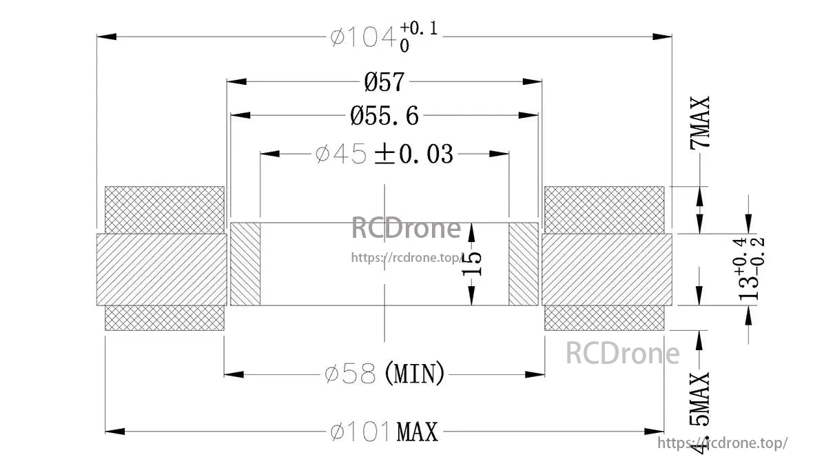 CubeMars RI100 Torque Motor has dimensions: Ø104, Ø57, Ø55.6, Ø45, 15mm, Ø58, Ø101.