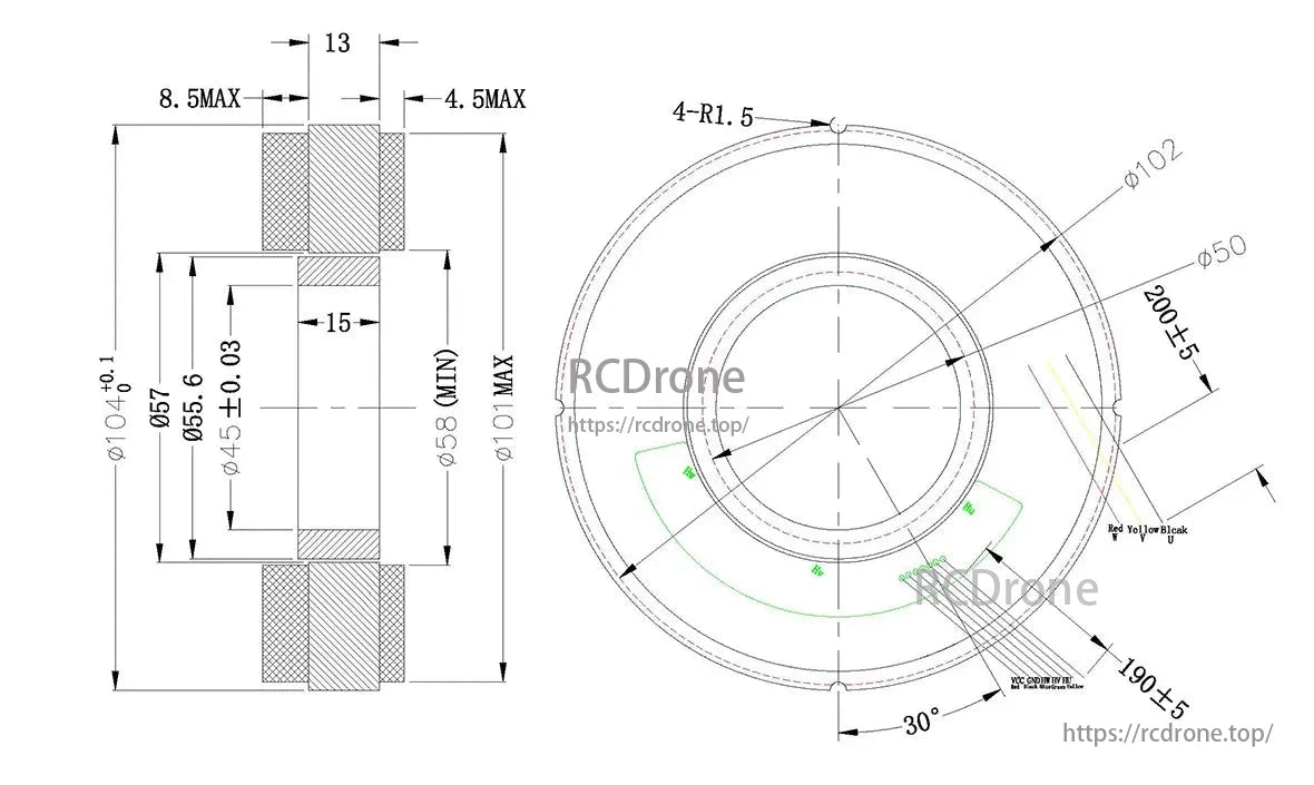 CubeMars RI100 Torque Motor, Torque motor dimensions: various diameters, lengths, and features listed.