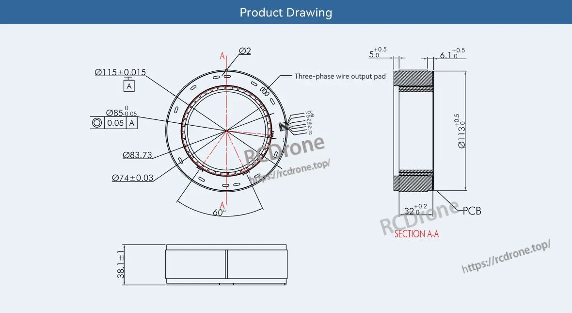 CubeMars RI115 Torque Motor specifications: dimensions, three-phase wire output, PCB layout.