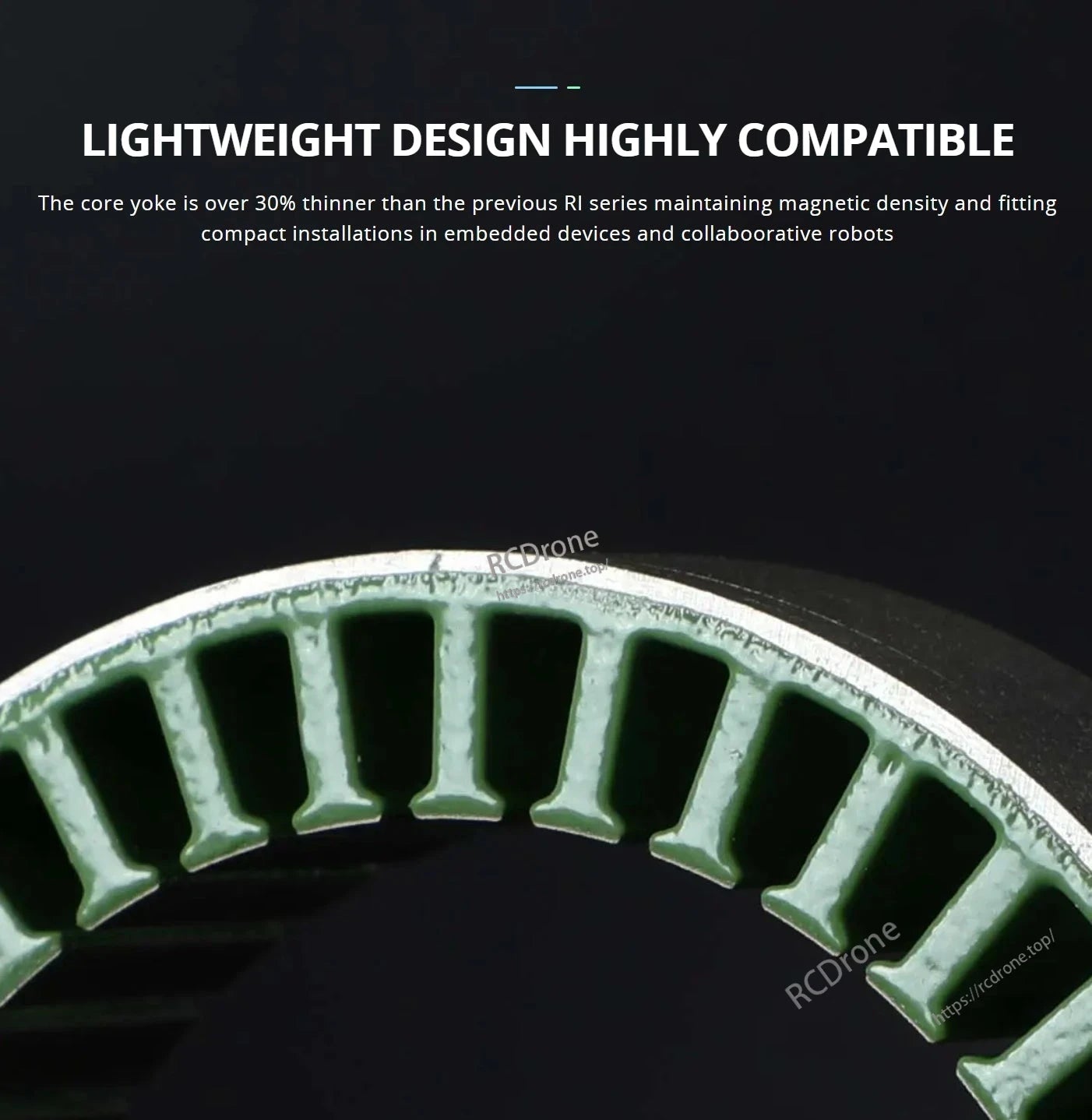 CubeMars RI115 Torque Motor, Lightweight, highly compatible design with a 30% thinner core yoke for compact device and robot installations.