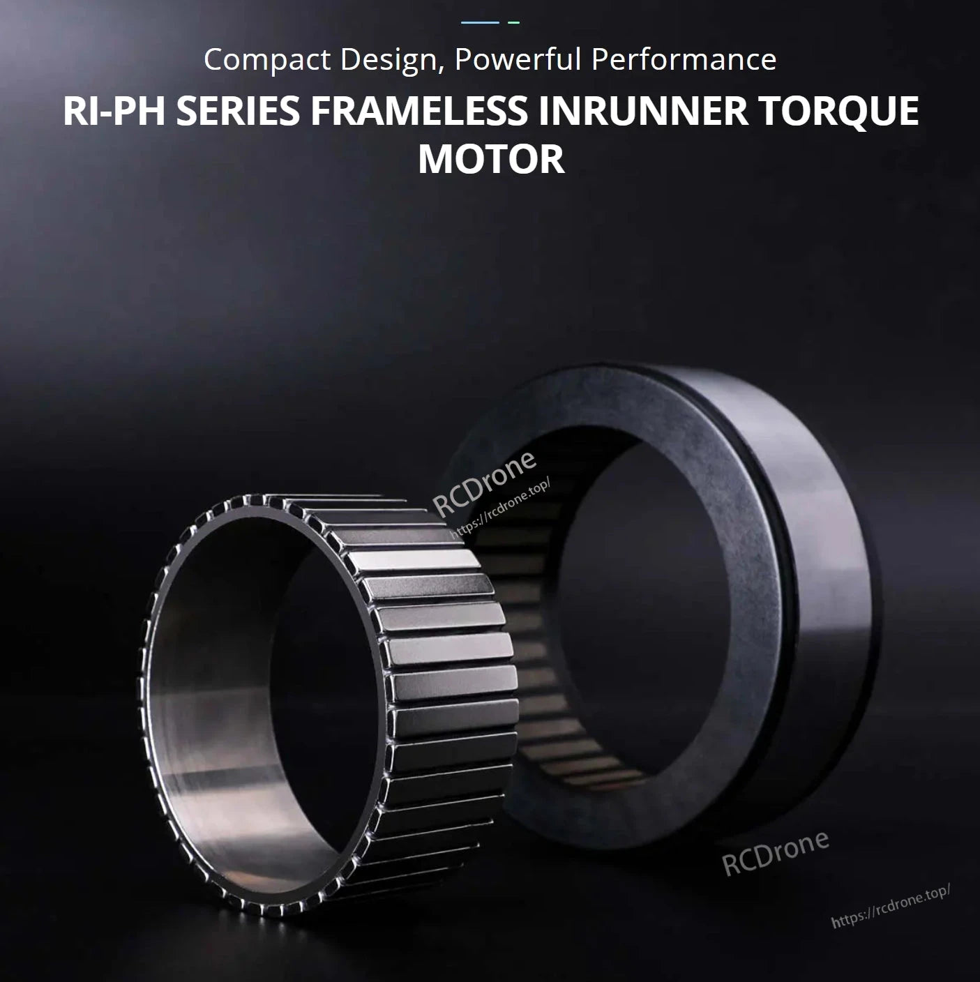 CubeMars RI115 Torque Motor, Compact, powerful RI-PH Series frameless inrunner torque motor. Features two ridged metallic rings on dark background.