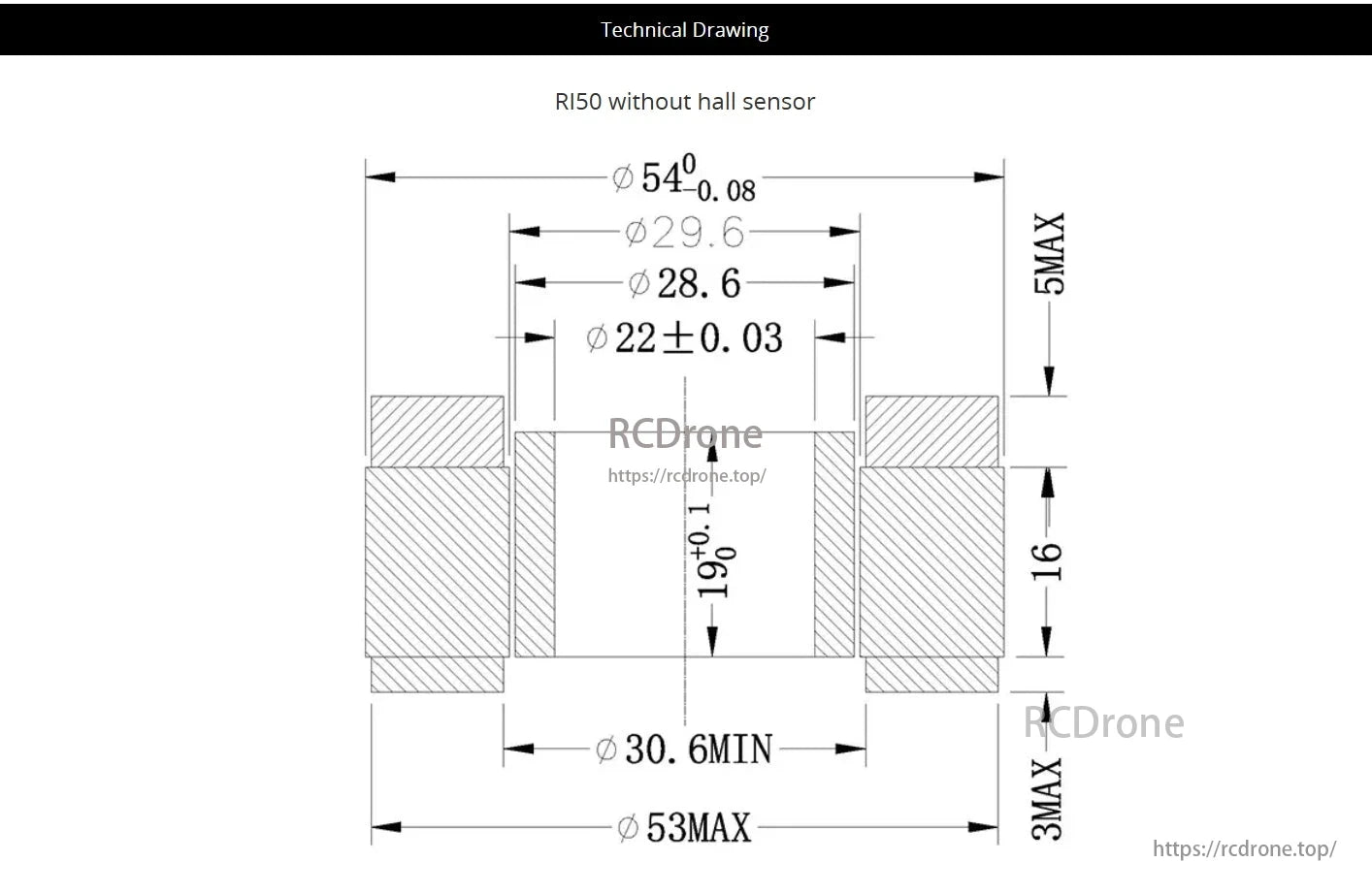 CubeMars RI50 motor: 54mm diameter, 19mm length, no hall sensor.