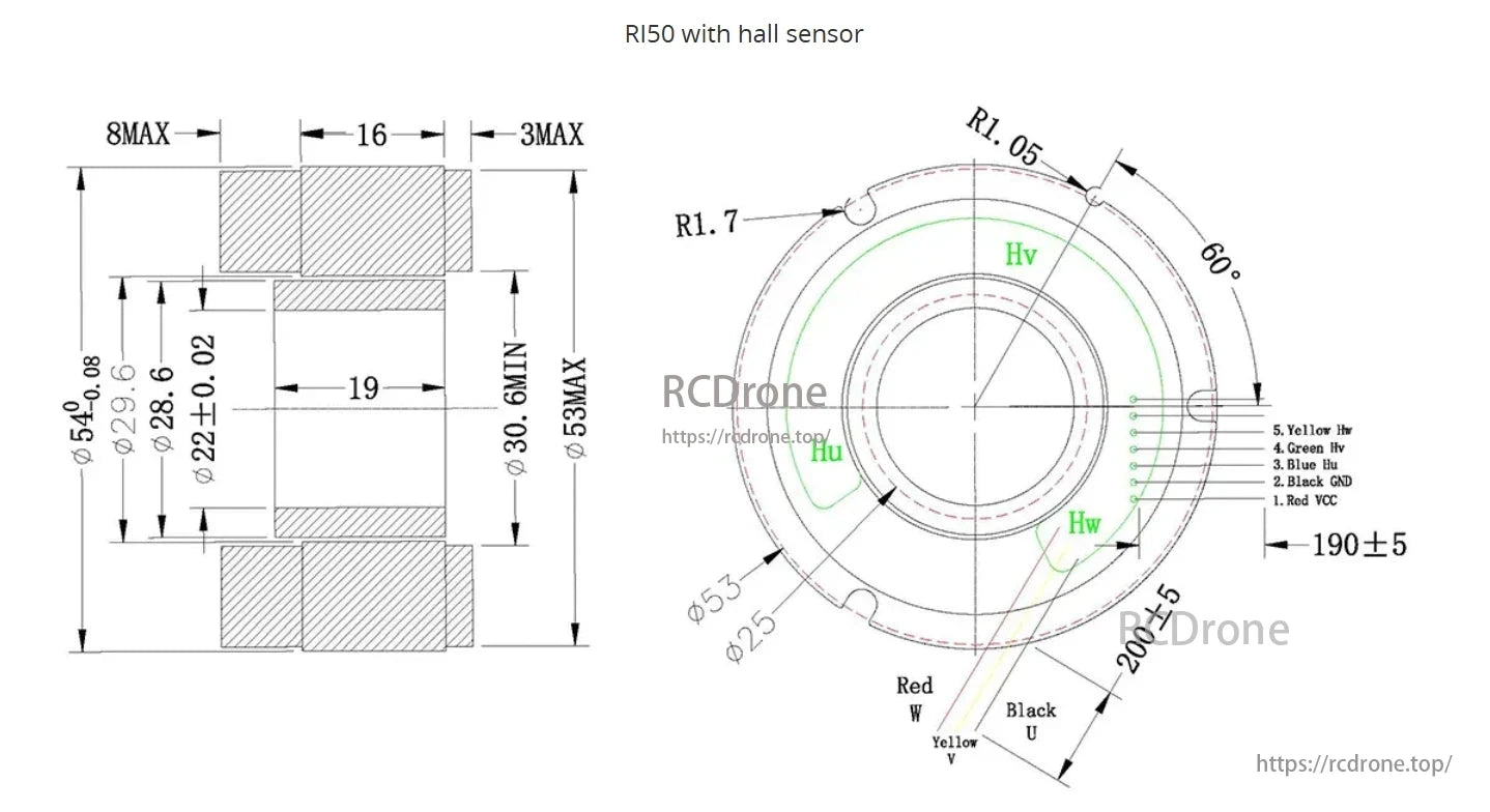 CubeMars RI50 motor with hall sensor; 54mm diameter, 30.6-53mm length; R1.05, R1.7 radii, 60° angle, 190±5mm span; red, black, yellow wires for VCC, GND, signal.