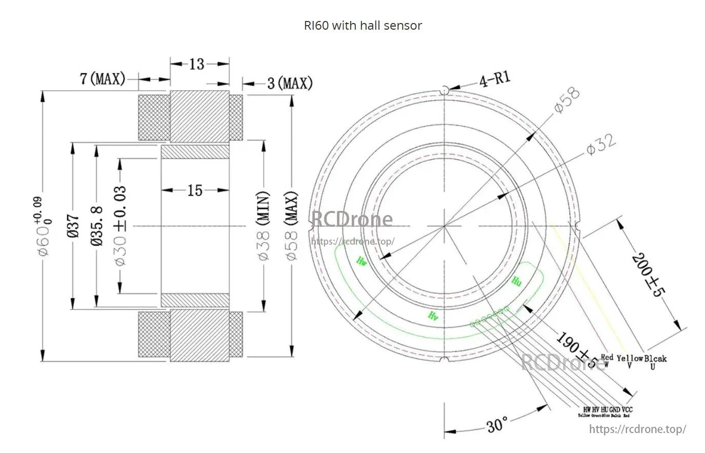 CubeMars RI60 motor with hall sensor, 60mm diameter, 200mm length. Features 4-R1, φ58, φ32, 30° angle markings. Includes HW, HV, HU labels.