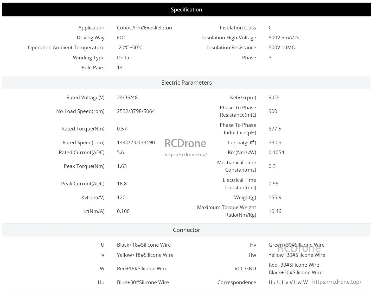 CubeMars RI60 Motor: Suitable for cobot arms/exoskeletons, FOC driving, operates at -20°C to 50°C, 14 pole pairs, 24/36/48V, up to 5064rpm, 0.57Nm rated torque, 1.63Nm peak torque.