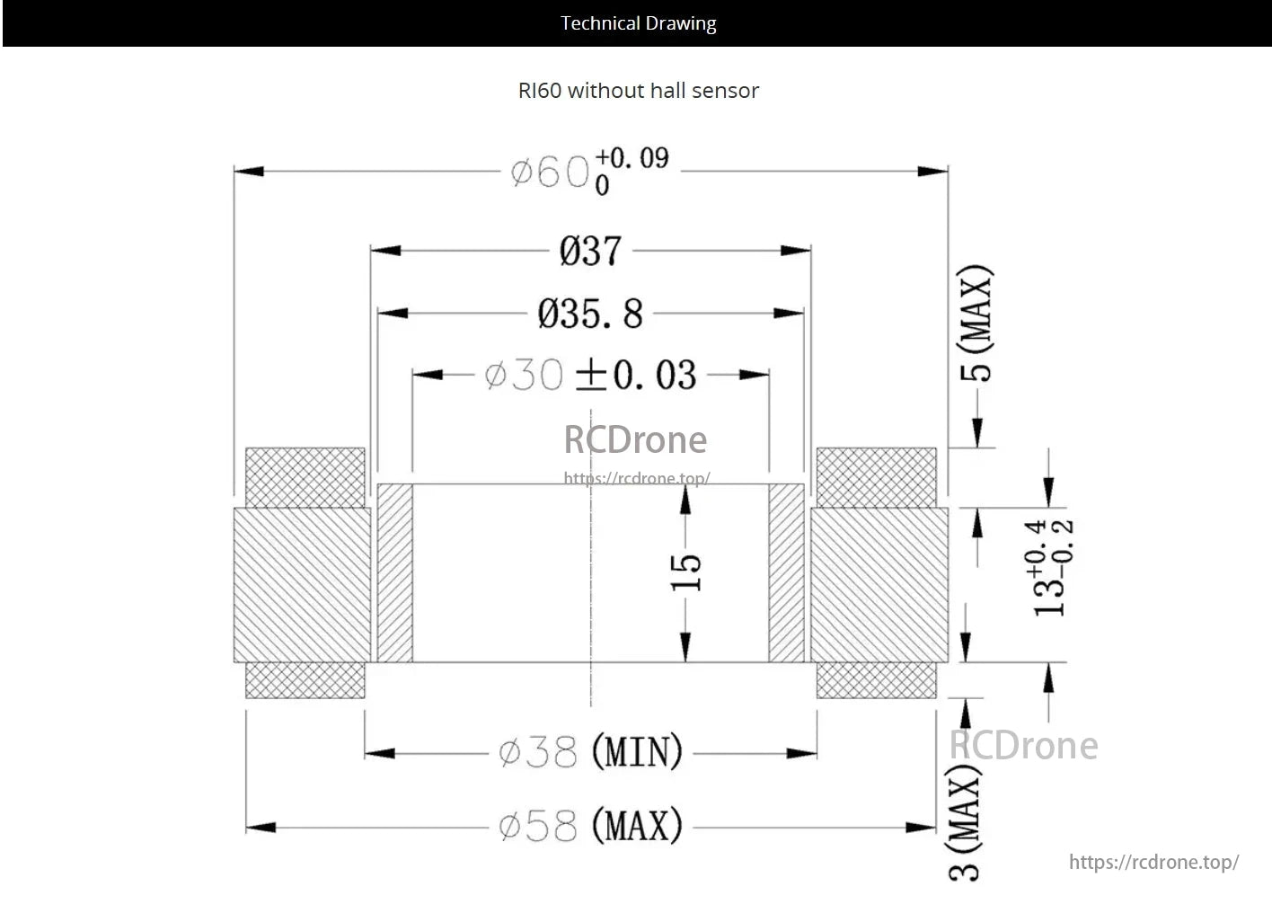 CubeMars RI60 motor dimensions: various diameters from 30 to 58 mm, length 15 mm, max height 5 mm, width 13 ±0.4 mm.