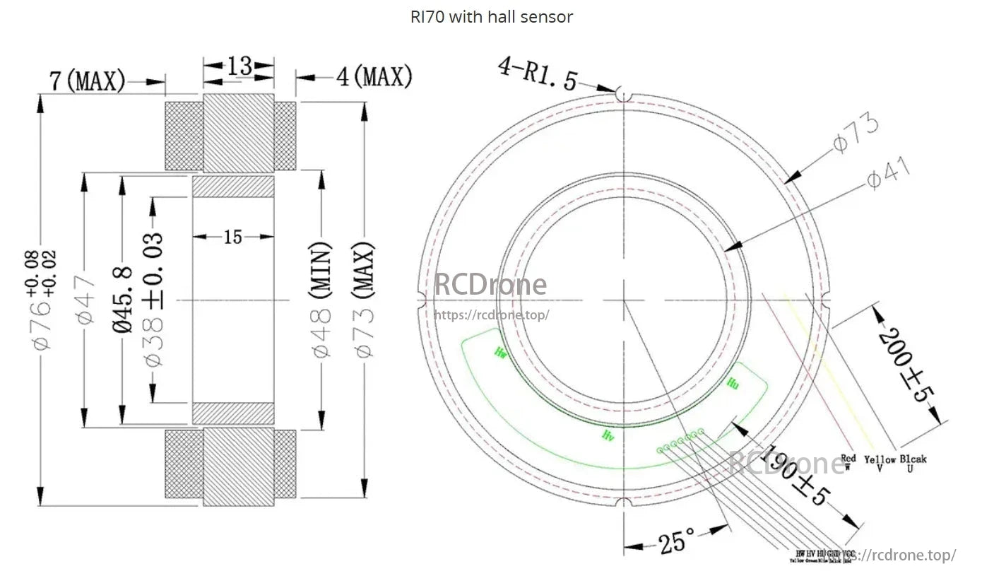 CubeMars RI70 motor: 76mm height, 73mm diameter, hall sensor, 4-R1.5 holes, 200±5mm length, 190±5mm width, 25° angle.