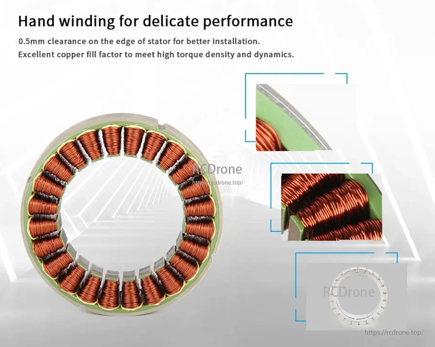 CubeMars RI70 Motor, Hand-wound stator with 0.5mm clearance for high torque density.