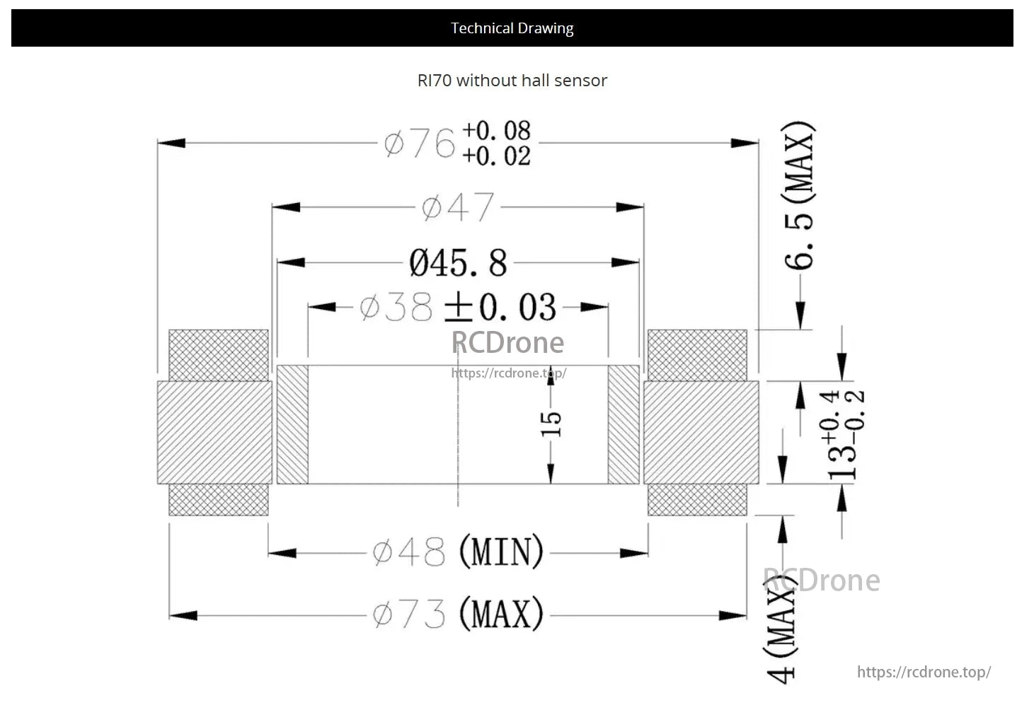 CubeMars RI70 Motor has dimensions: diameters from 38 to 76 mm, length 15 mm, max height 6.5 mm.