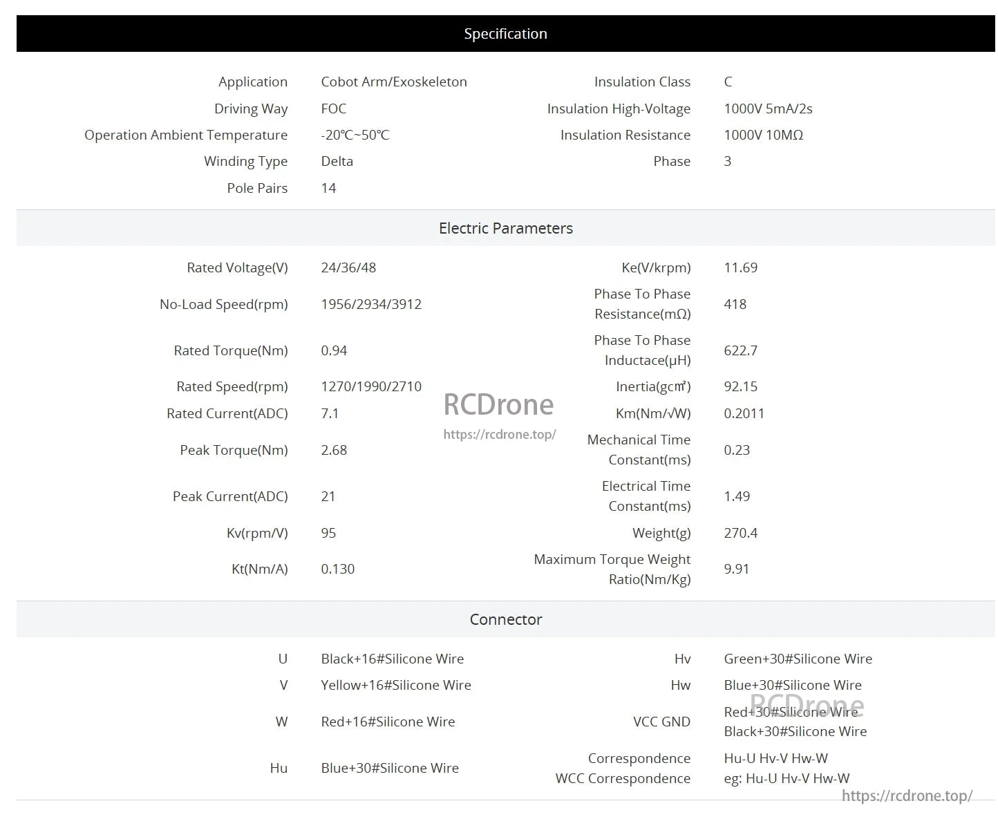 CubeMars RI70 Motor: Suitable for cobot arms/exoskeletons, FOC driving, operates at -20°C to 50°C, 14 pole pairs, 24/36/48V, up to 3912 rpm, 0.94Nm torque, 270.4g.